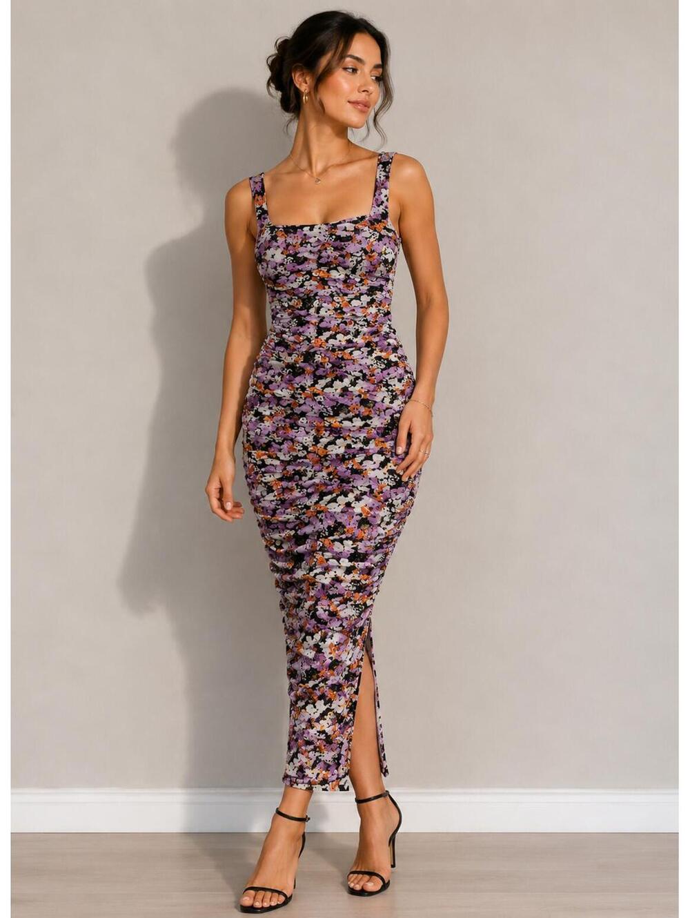 Lulus Floral Ruched Midi Dress Size S New With Tags - Picture 1 of 9